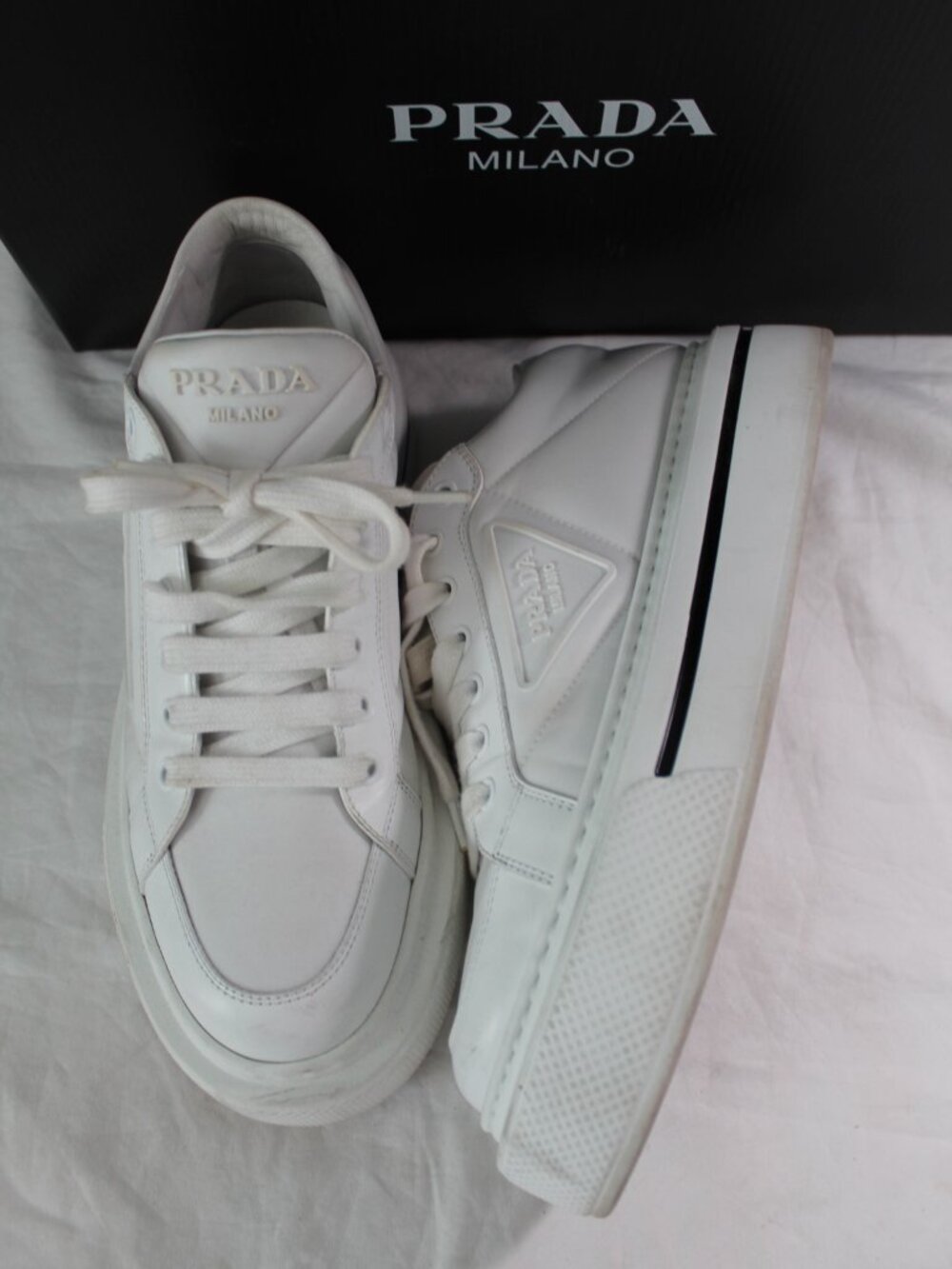 Prada Platform Downtown White Triangle Logo Sneakers Loafer ReNylon Leather 38.5